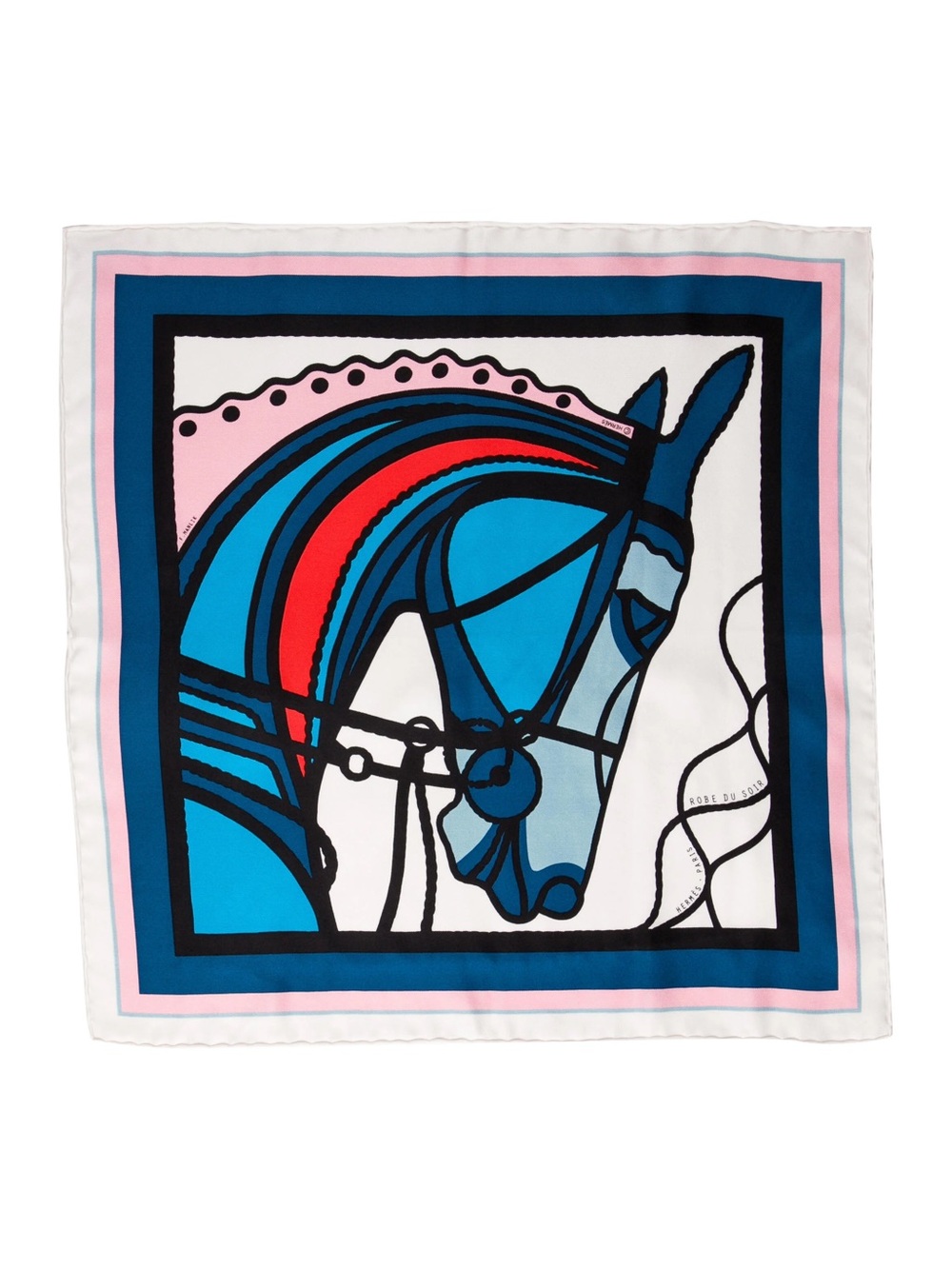 Hermes Blue Pink Red Stylized Horse Silk Scarf